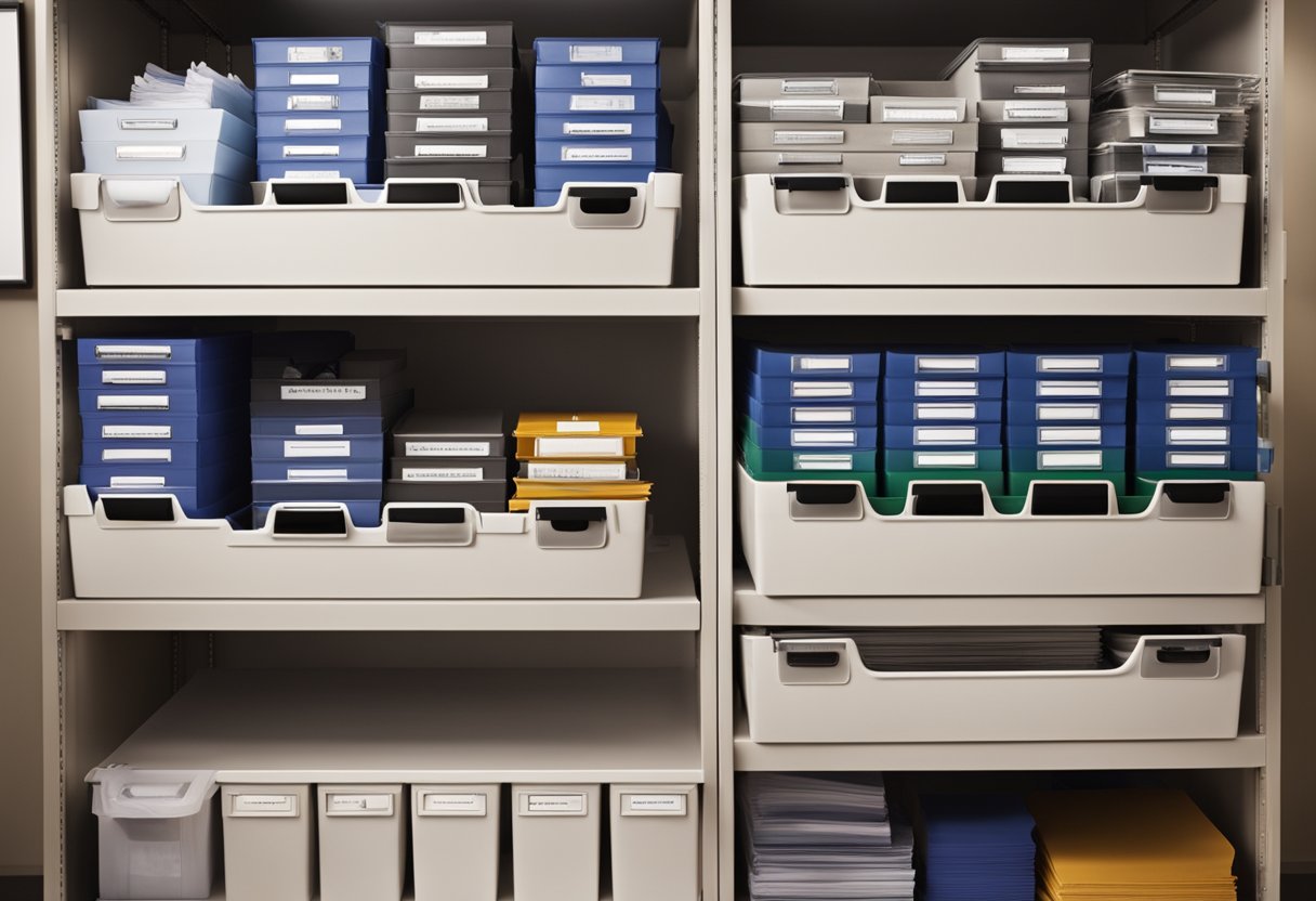 A neatly organized filing system with labeled folders and documents, surrounded by office and closet organizing supplies