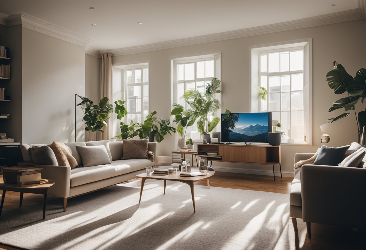 A serene living room with neatly arranged furniture, vacuum marks on the carpet, and sunlight streaming through clean windows