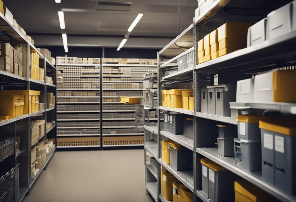 Common office and closet items neatly arranged within arm's reach on shelves and in open containers, with labeled sections for easy access