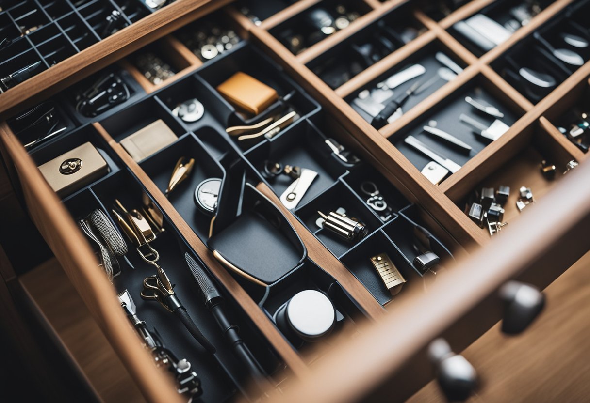 Drawer organizers neatly hold small office supplies in a tidy desk drawer