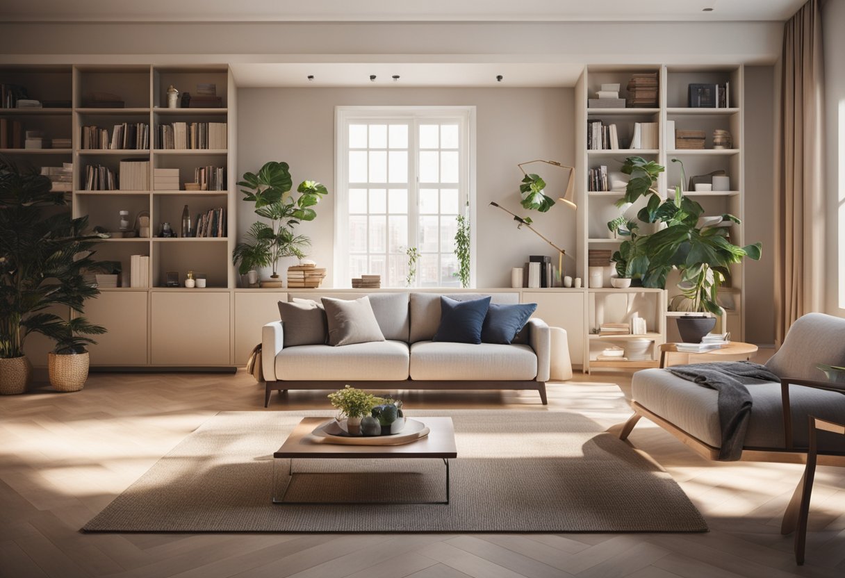 A serene living room with sunlight streaming in, showcasing a clutter-free space with organized shelves and freshly cleaned surfaces