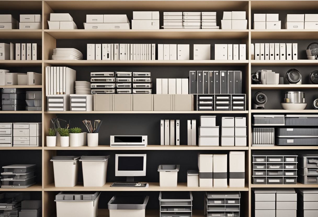 Office items neatly arranged on shelves and in designated spots, with labeled containers and organizers for easy access