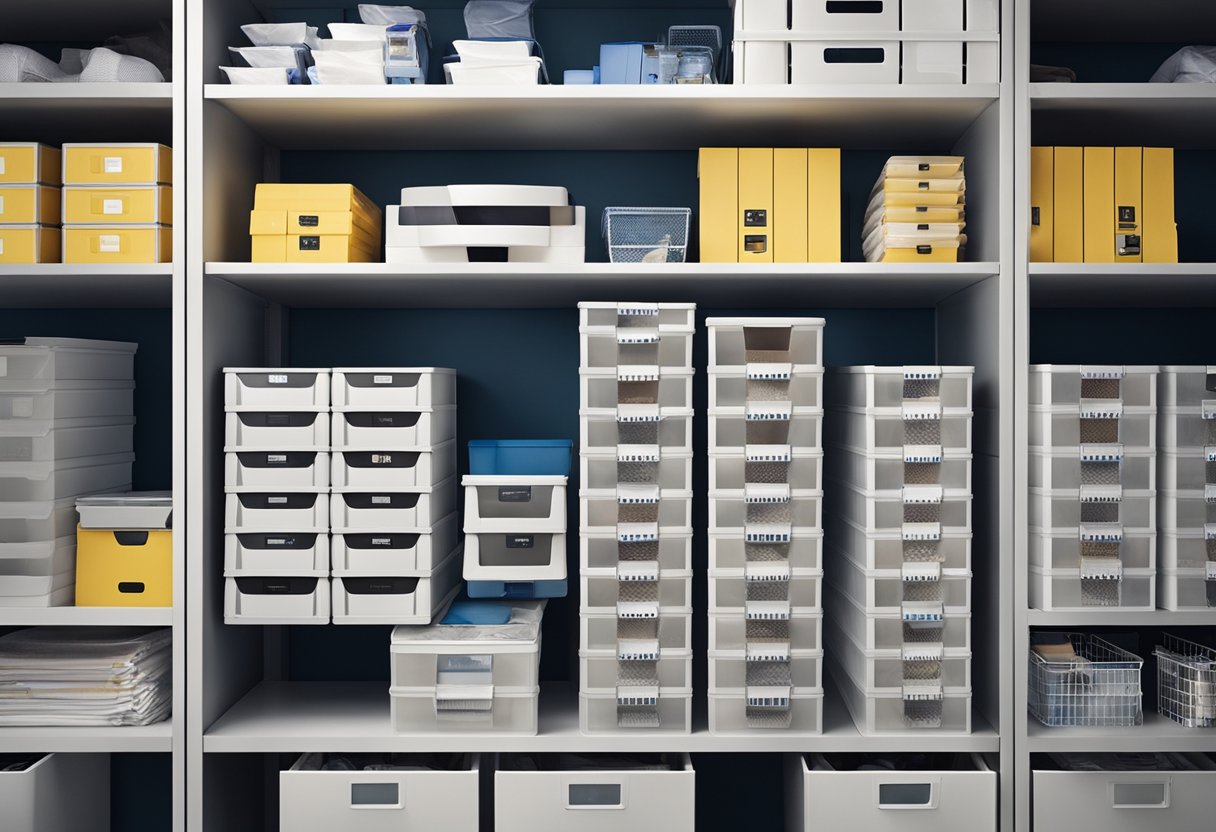 Office supplies and seasonal clothing organized in labeled bins and shelves, with a clear system for rotation and decluttering
