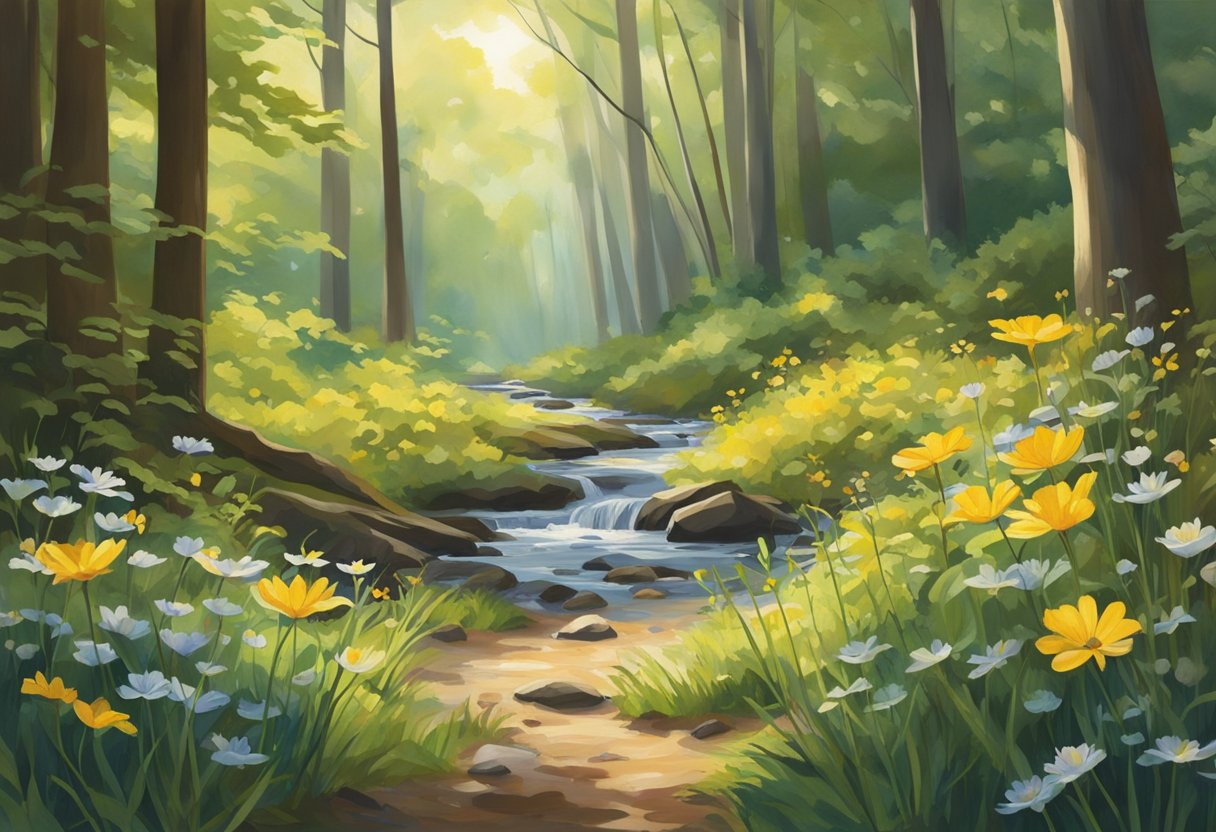 El suelo del bosque, salpicado de luz solar, estaba vivo con vibrantes flores silvestres, cuyos delicados pétalos se mecían con la suave brisa. Un pequeño arroyo corría entre la maleza, añadiendo una banda sonora relajante a la tranquila escena.