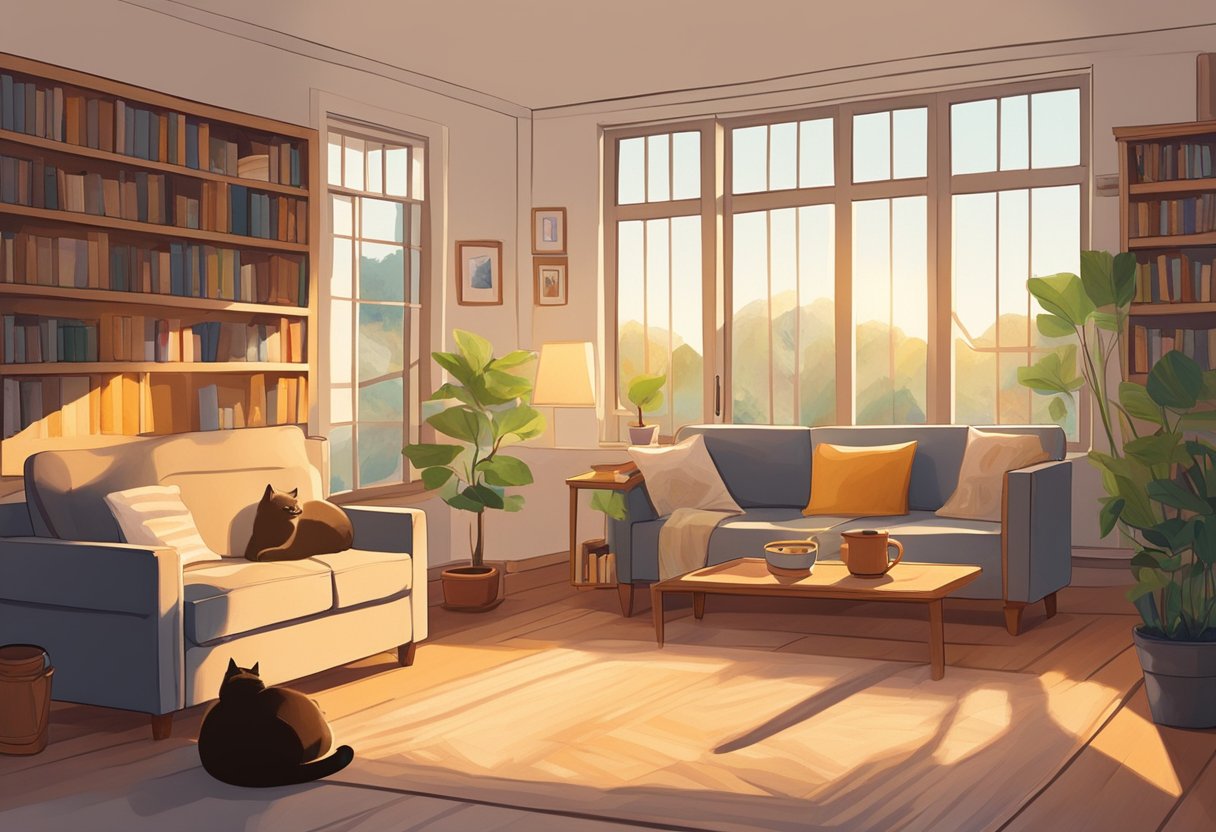 Una sala de estar acogedora con la luz del sol fluyendo a través de la ventana, proyectando un cálido resplandor sobre los muebles y estanterías. Un gato se tumba perezosamente en el alféizar de la ventana, y una taza humeante de té descansa en una mesa cercana.