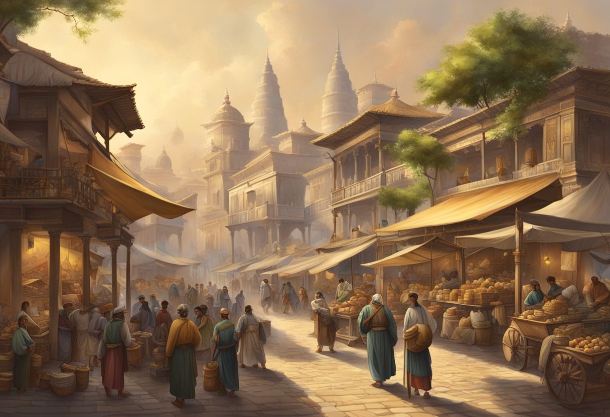 Un bullicioso mercado antiguo con comerciantes vendiendo mercancías y animales, rodeado de una arquitectura ornamentada y lleno de actividad.