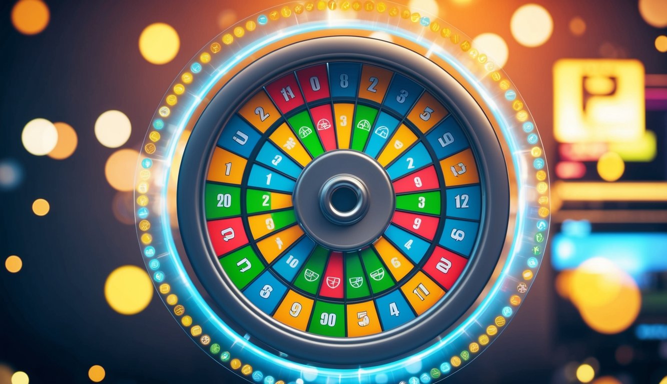 Sebuah roda berputar dengan berbagai simbol dan angka, dikelilingi oleh lampu dan grafik berwarna-warni, mewakili platform online dengan RTP tertinggi