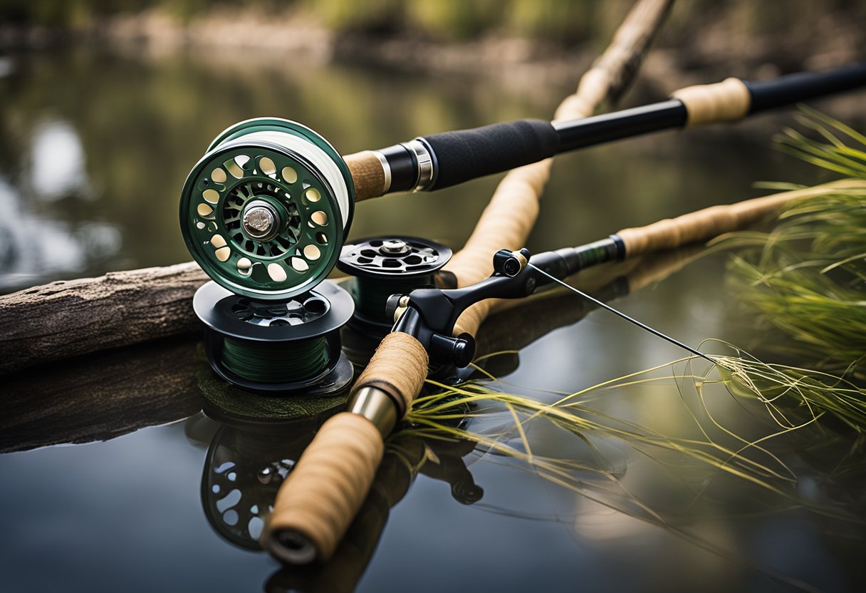 A serene river with a fly fishing rod, tapered and level leaders, and spools of fluorocarbon and nylon lines laid out on a flat surface