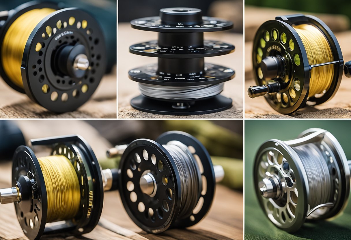 A fly fishing reel surrounded by various level line tapers from different top brands, with a comparison chart showing the differences between level line taper and weight