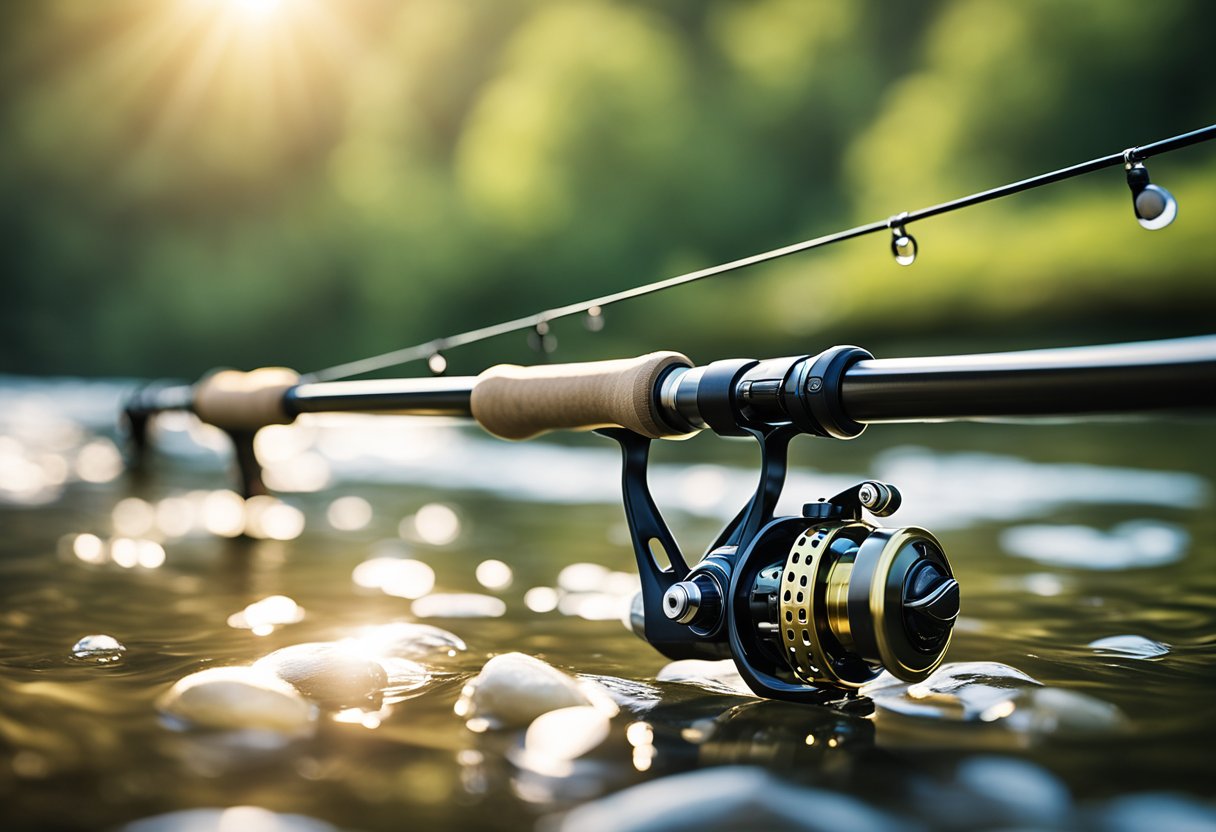 A serene river with a fly fishing rod and reel, showcasing the smooth casting of a level line taper fly line against a weight-forward line