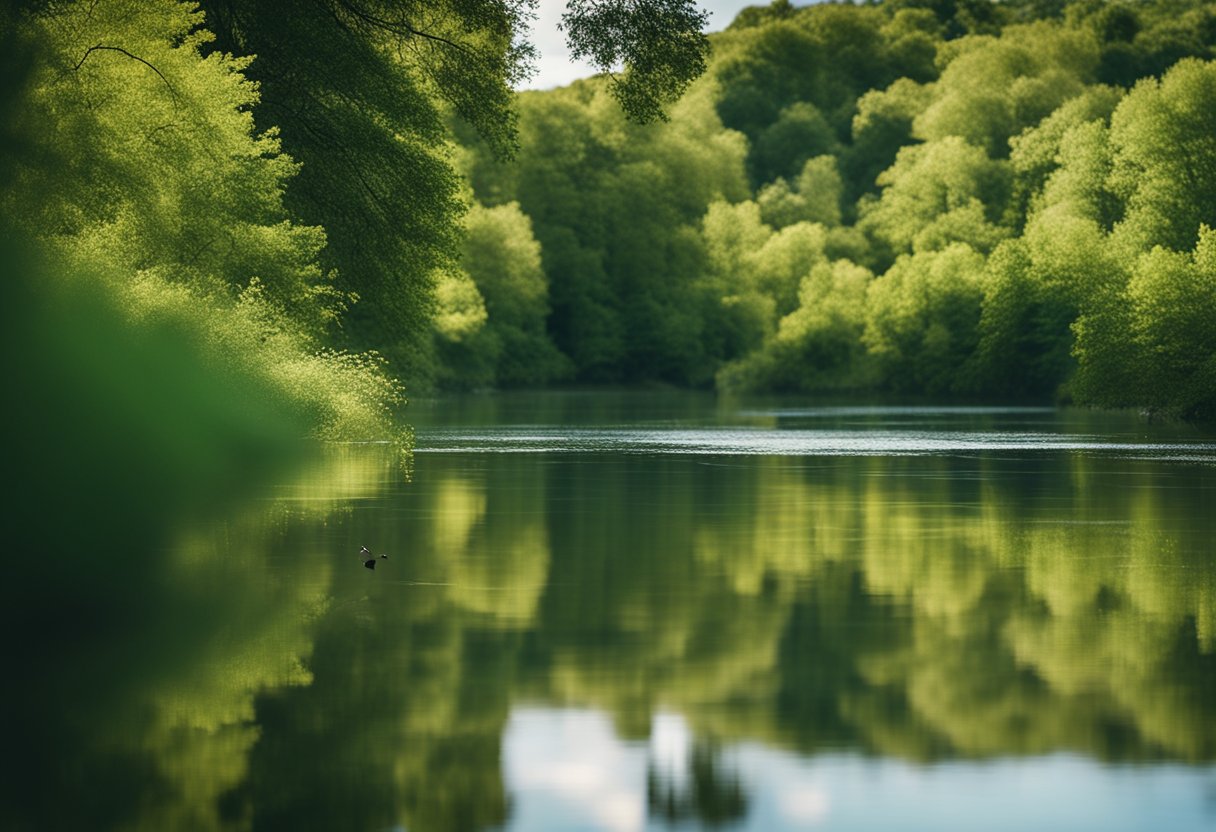 A serene river with a fly line gliding through the water, surrounded by lush greenery and the reflection of the sky above