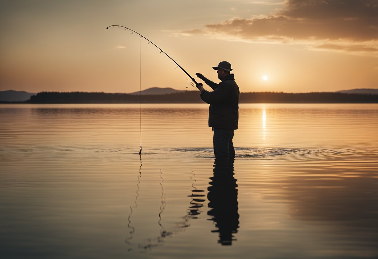 A fisherman casting a line over a calm, glassy lake at dusk. The line is a slow intermediate fly line, gliding smoothly over the water's surface