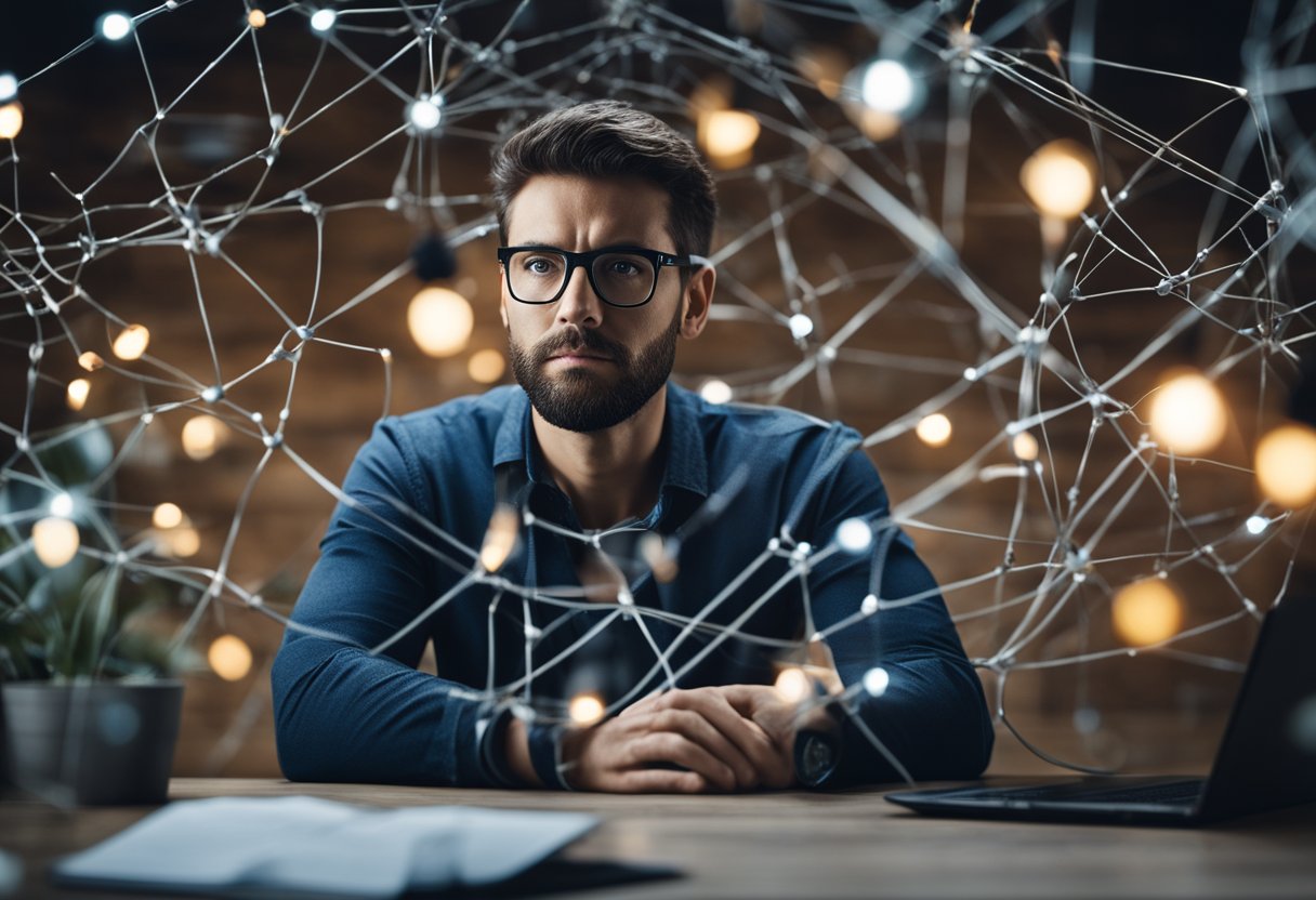A small business owner stares at a tangled web of digital marketing tools, feeling overwhelmed by the complexity and frustration of managing multiple platforms
