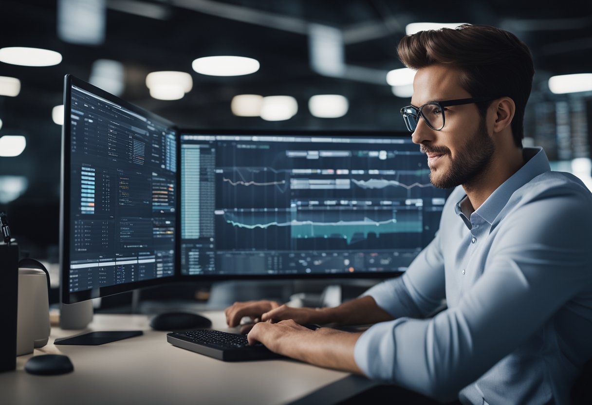 A small business owner working at a computer, surrounded by digital marketing tools and charts, with AI automation solutions in action