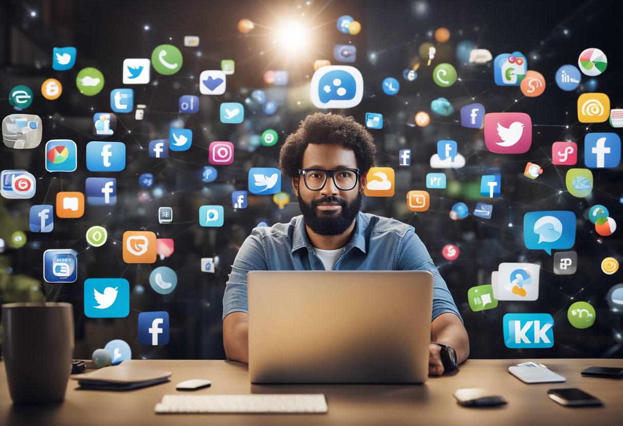 A small business owner sits at a desk, juggling multiple social media platforms on a computer screen. They appear overwhelmed by the various engagement and community management tasks
