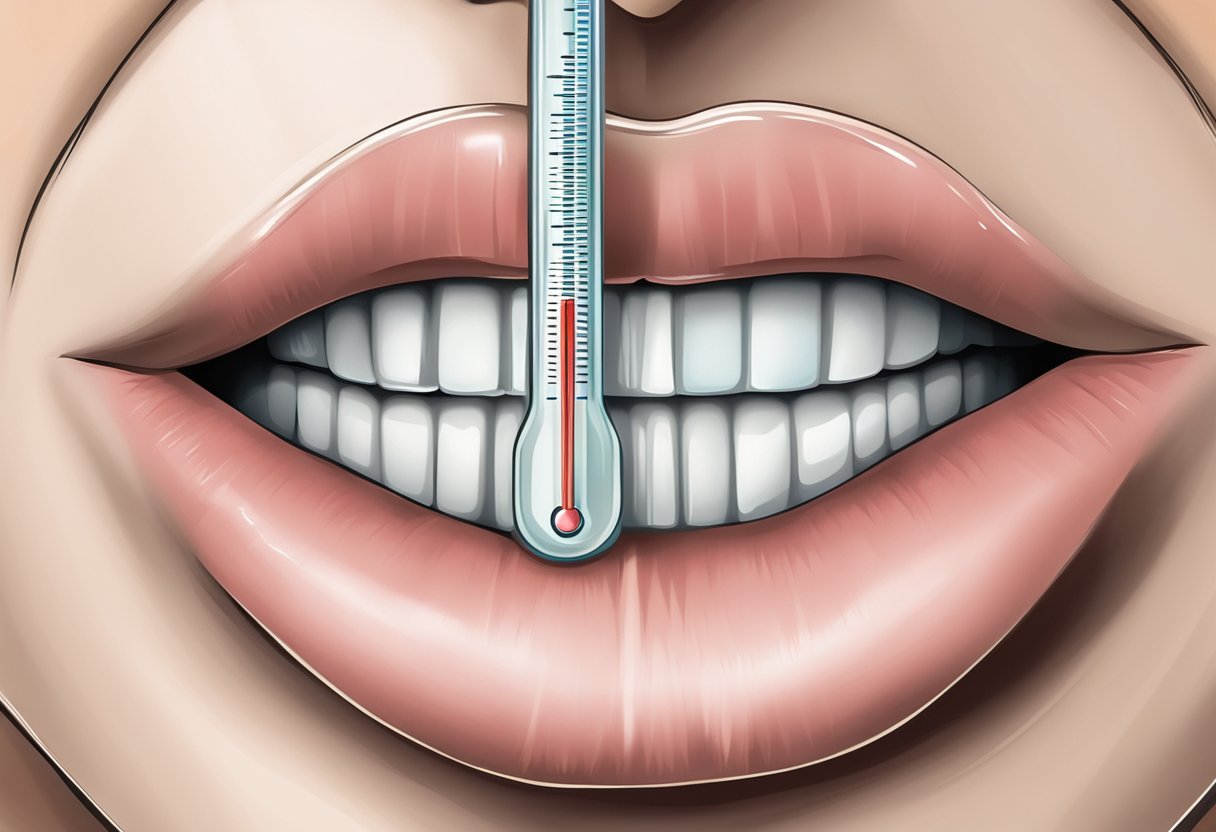 Et termometer placeret i munden, med spidsen under tungen, og personens læber lukket omkring det