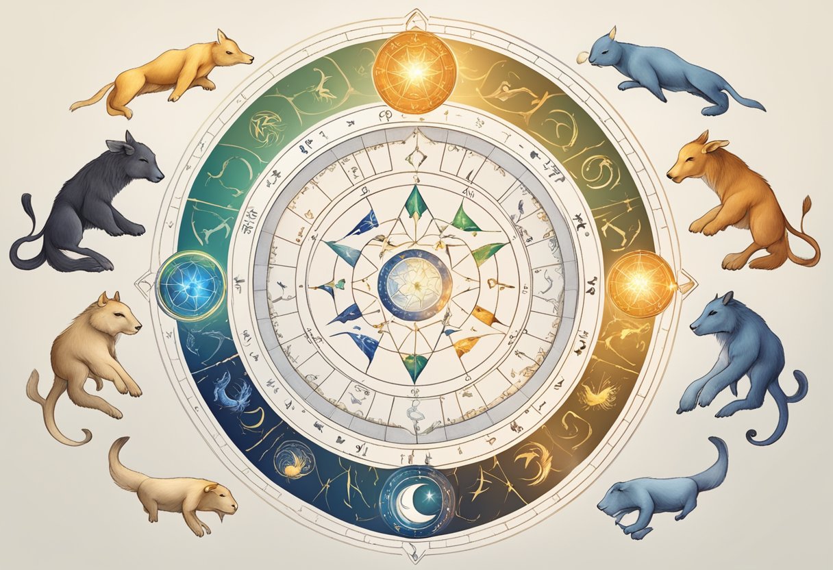 En cirkel af stjernetegnssymboler, der sammenfletter hinanden og repræsenterer forskellige stjernetegnskombinationer