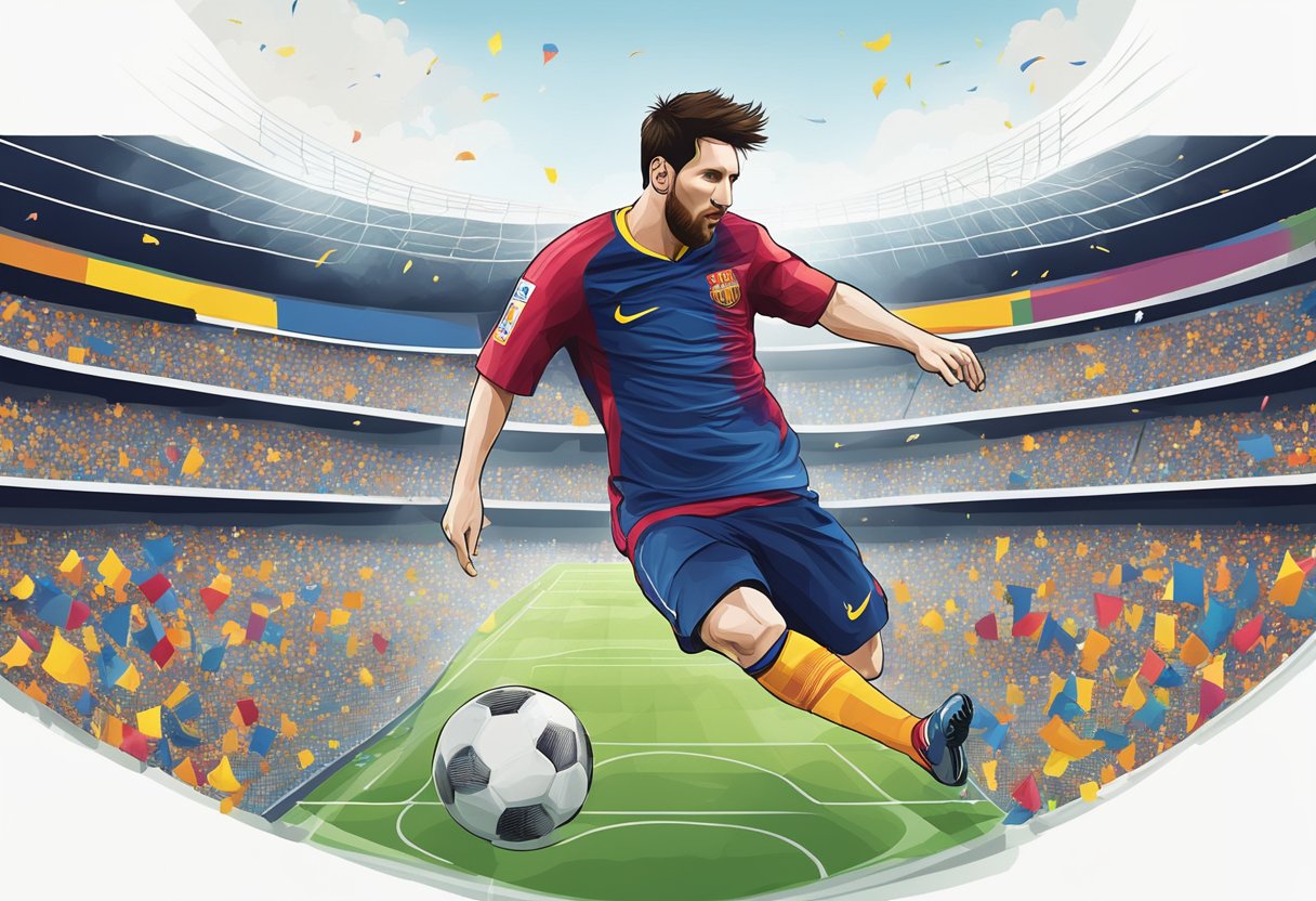 Messis fodboldfærdigheder: en fodbold, der flyver ind i nettet, omgivet af jublende fans i et stadion