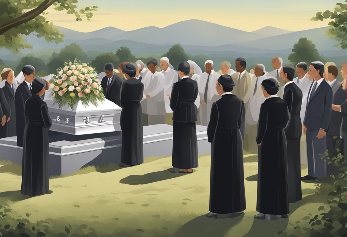 En begravelsesceremoni med sørgende samlet omkring en gravplads