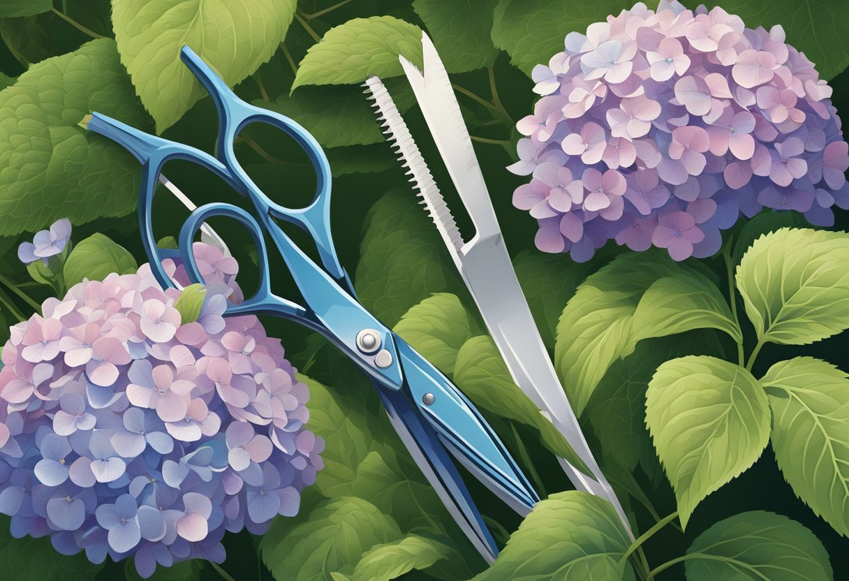 Et par havetang, der beskærer en hortensia i en velplejet have