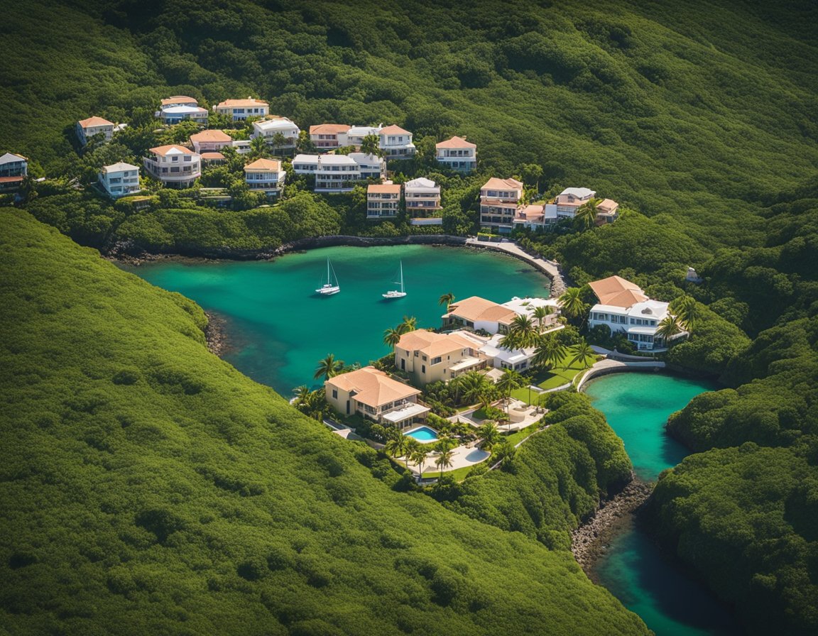 Aerial view of Puerto Rico coastline with upscale homes, yachts, and luxury resorts amid lush tropical landscape
