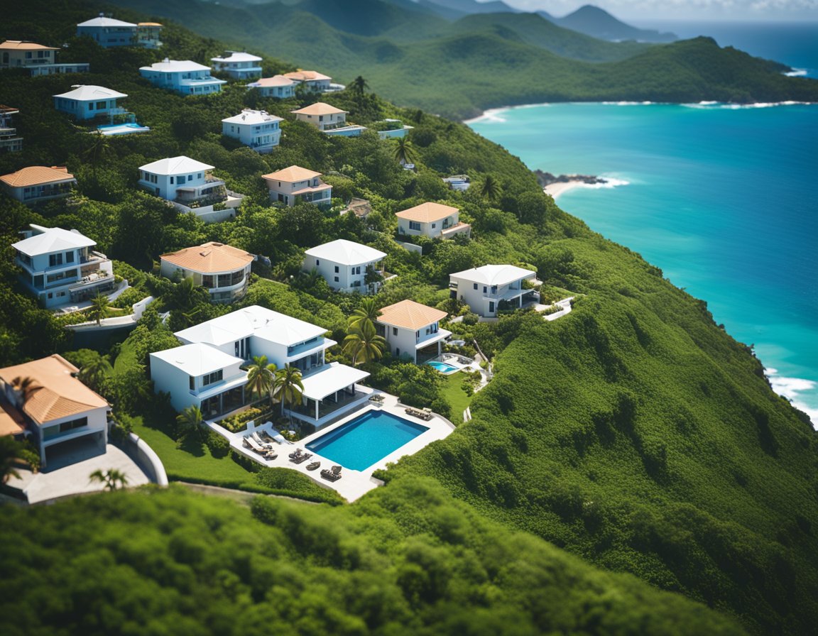 Aerial view of Puerto Rico with upscale homes surrounded by lush greenery and sparkling blue ocean