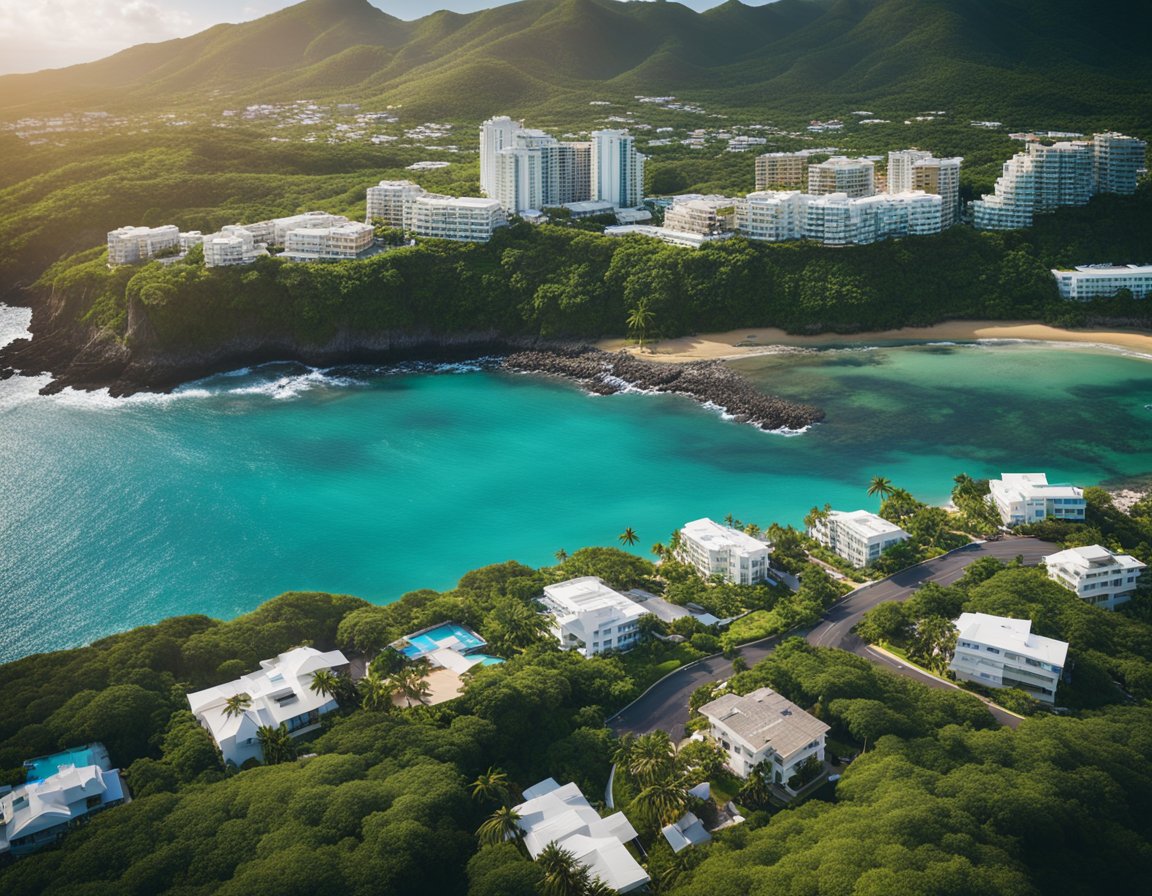 Aerial view of Puerto Rico's coastline with upscale properties and high-rise buildings surrounded by lush greenery and sparkling blue waters