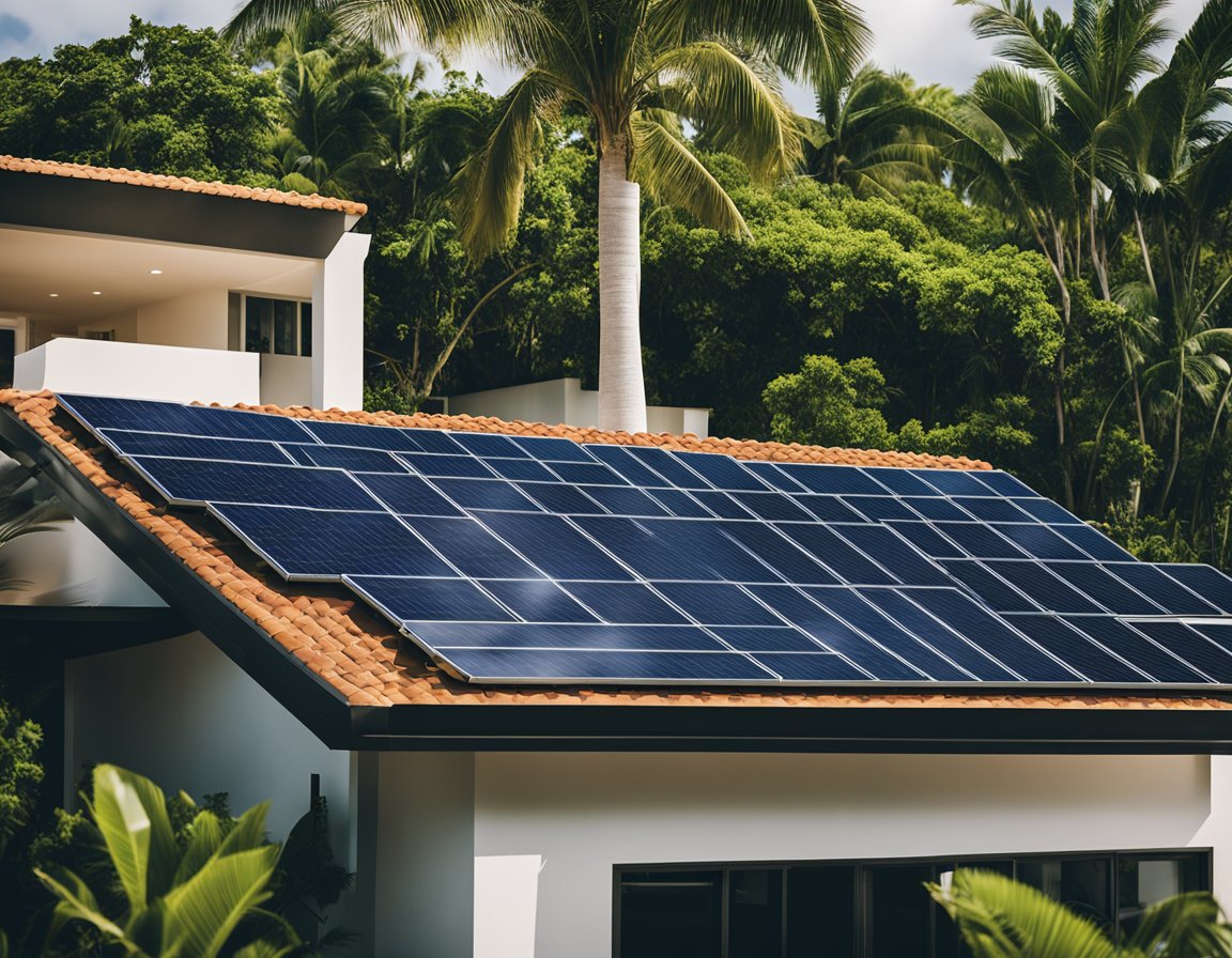 A modern luxury property in Puerto Rico with solar panels, lush landscaping, and efficient infrastructure