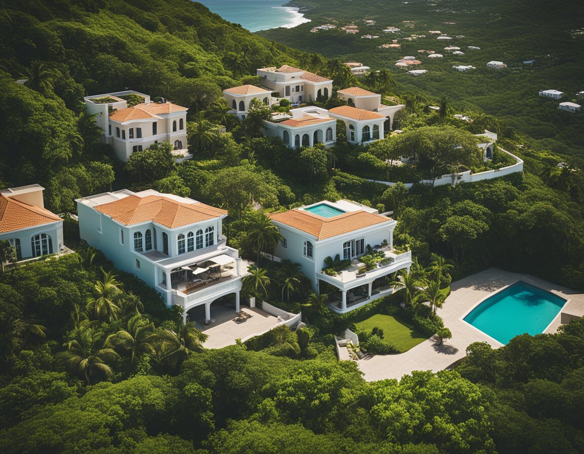 Aerial view of upscale homes in Puerto Rico, surrounded by lush greenery and overlooking the ocean