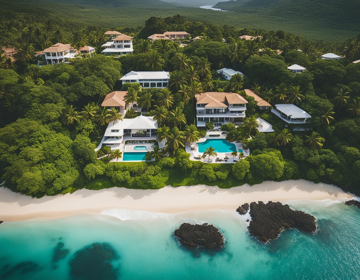 Aerial view of Dorado Beach with lush greenery, sparkling blue waters, and luxury homes for sale along the coastline