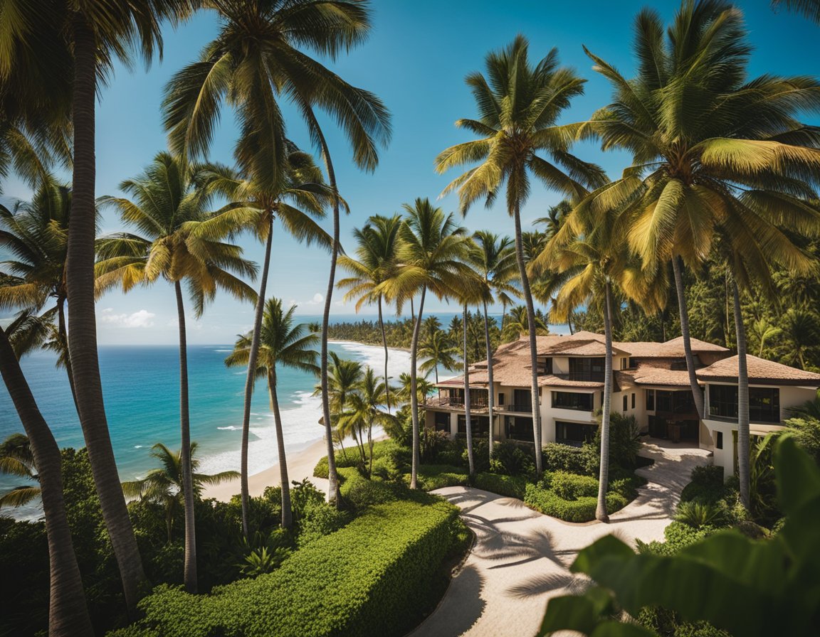 Aerial view of Dorado Beach with luxury homes, palm trees, and pristine coastline