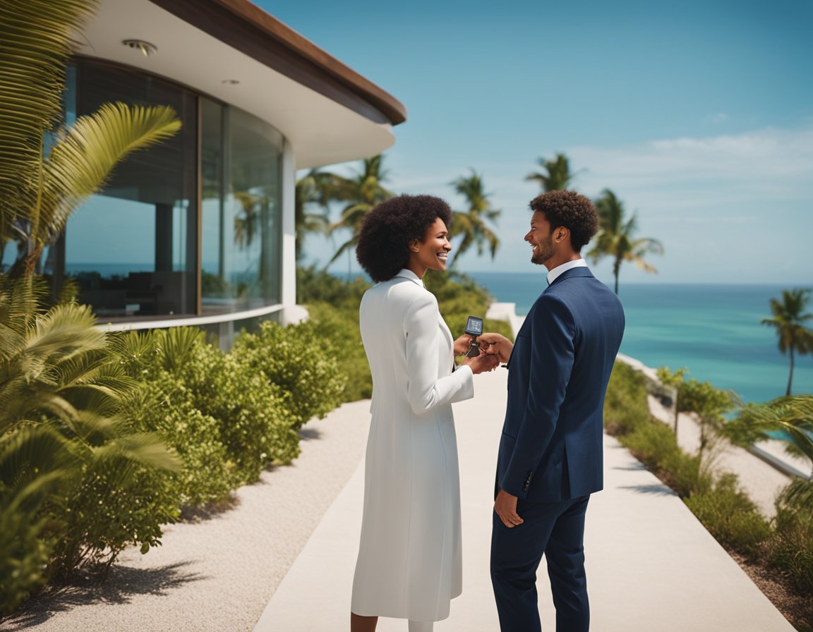 A couple stands in front of a luxurious beachfront property, surrounded by lush greenery and a sparkling ocean view. A real estate agent presents them with a set of keys, sealing the deal