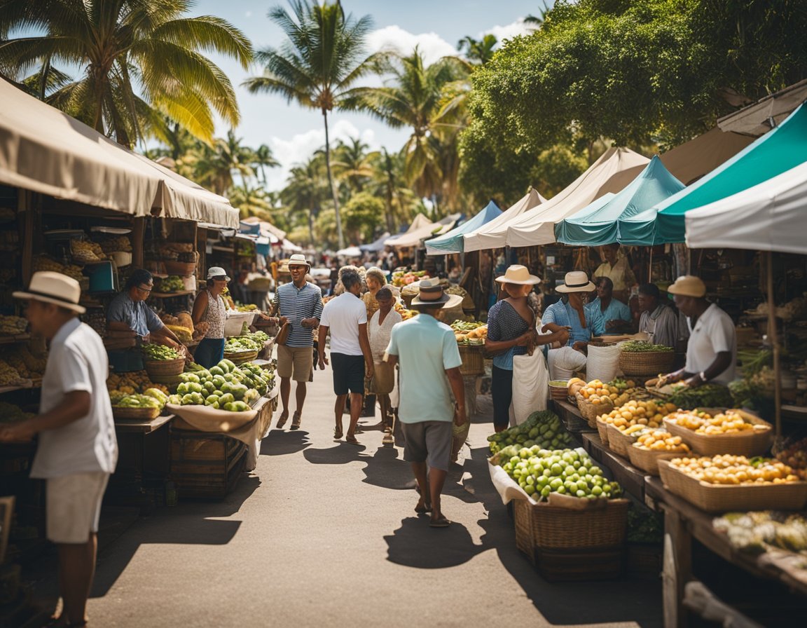 A bustling market scene with various vendors selling real estate properties in Dorado Beach. The market is filled with potential buyers and sellers engaging in lively conversations
