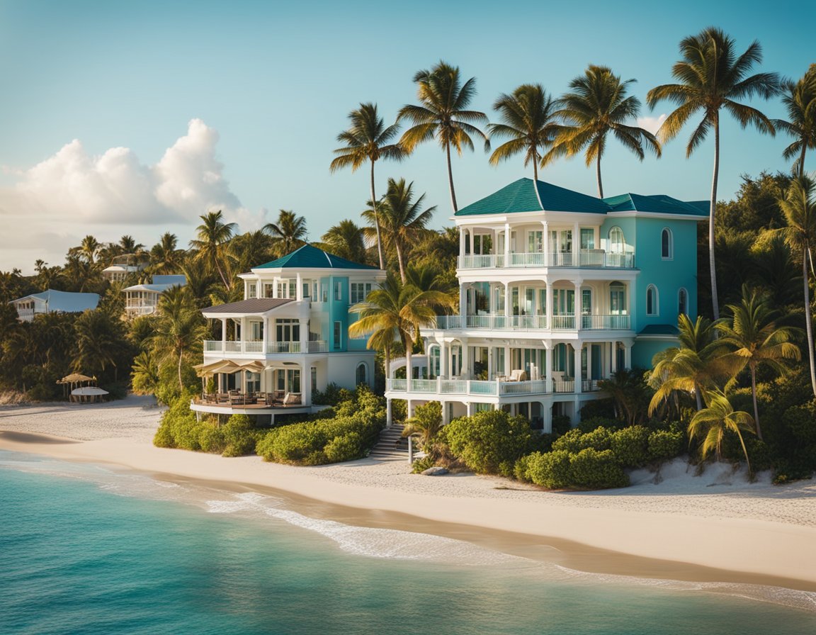 A tranquil beachfront with palm trees, turquoise waters, and luxury homes for sale along the shore