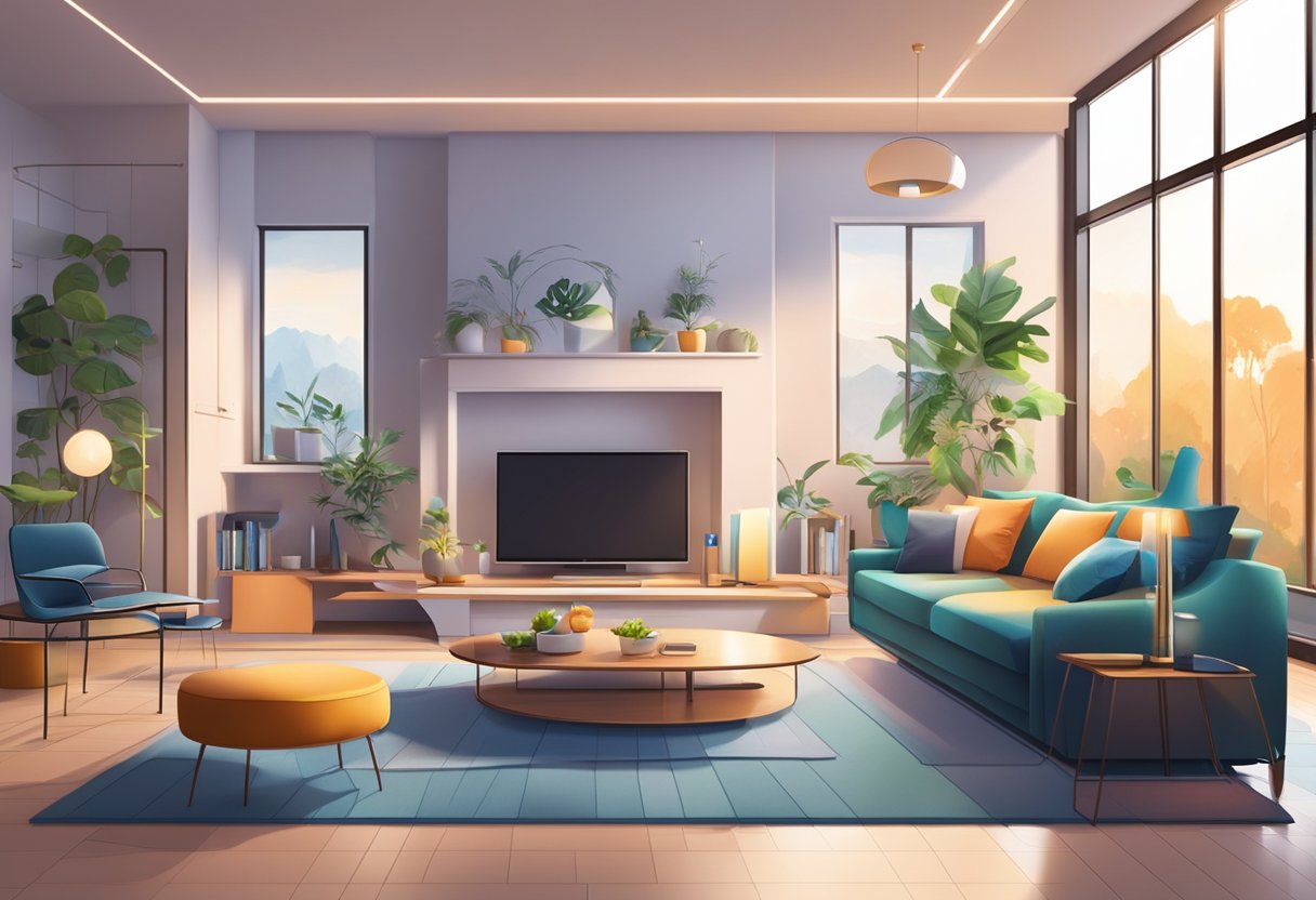 A modern living room with voice-controlled devices, automated lighting, and a digital assistant managing the smart home system
