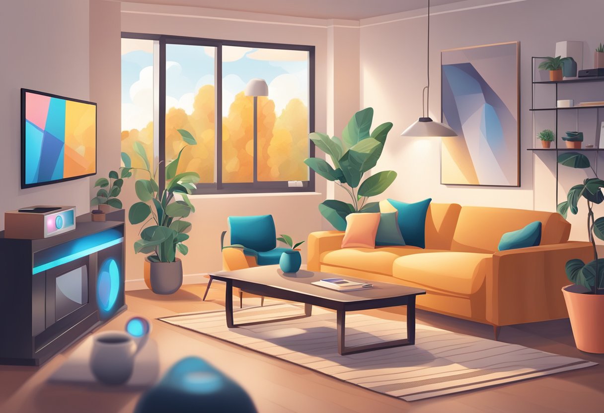 A modern living room with smart home devices: voice-controlled speaker, smart thermostat, security camera, and automated lighting