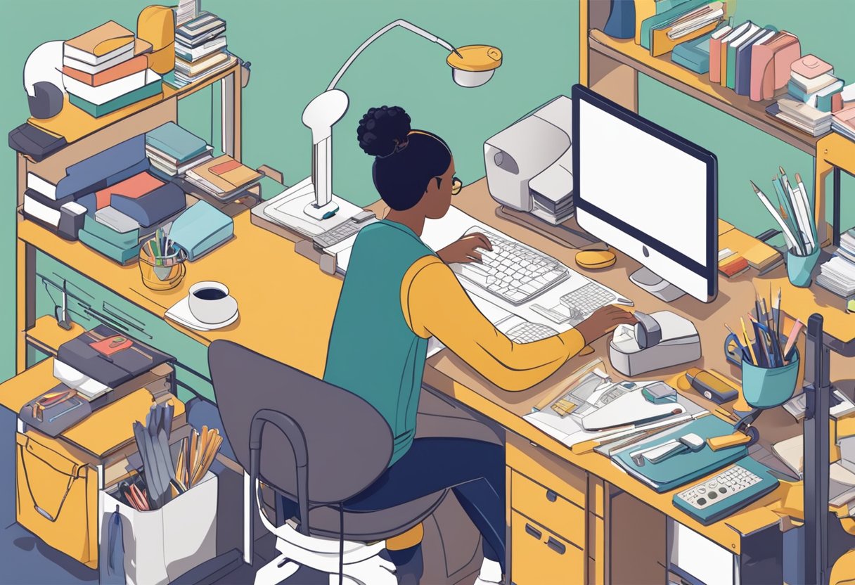 En person, der arbejder ved et skrivebord med en computer, omgivet af forskellige side hustle-materialer såsom en symaskine, kunstmaterialer og en bunke bøger