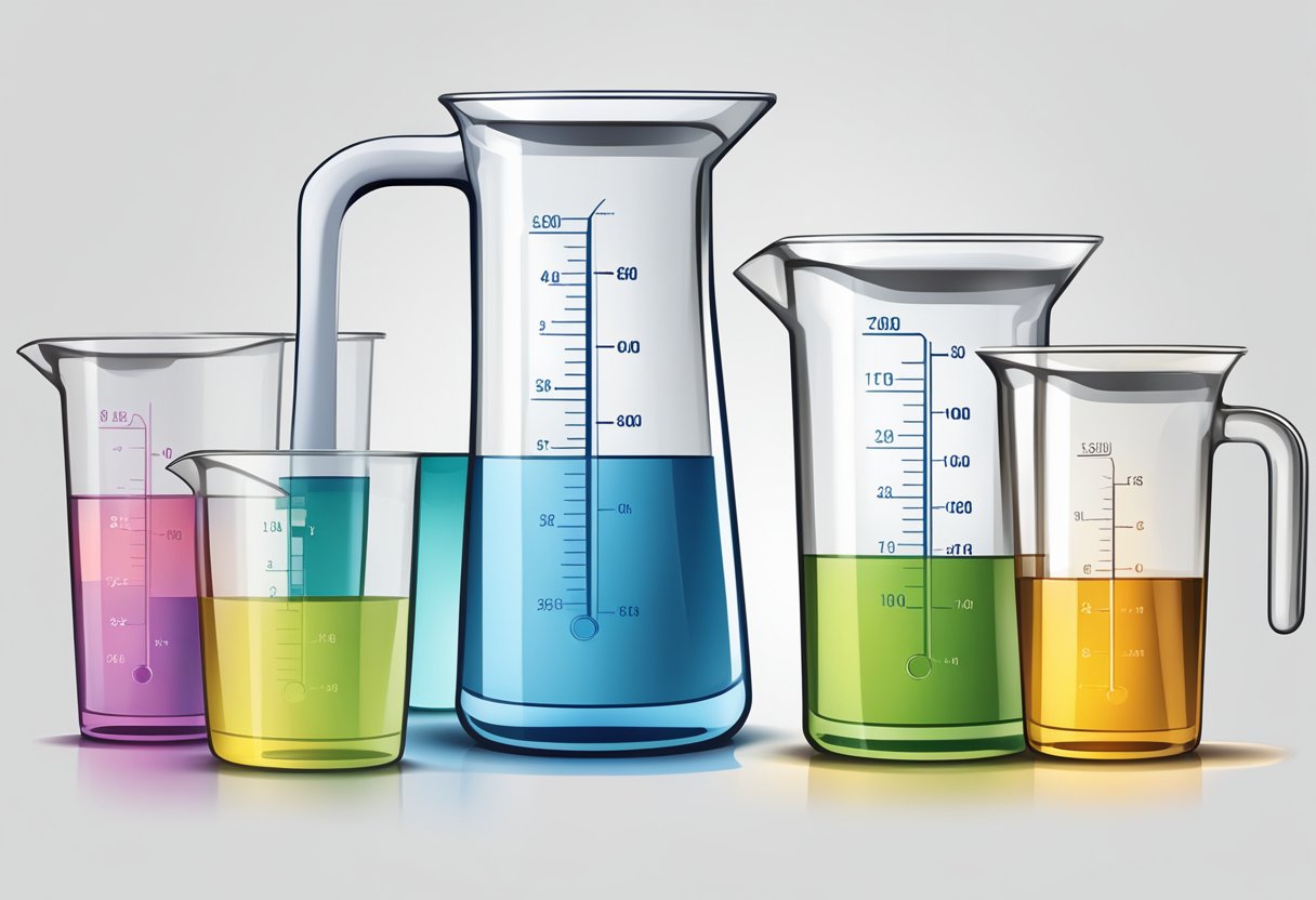 En stor målebæger fyldt med 1000 ml væske, ved siden af et mindre målebæger fyldt med 250 ml væske