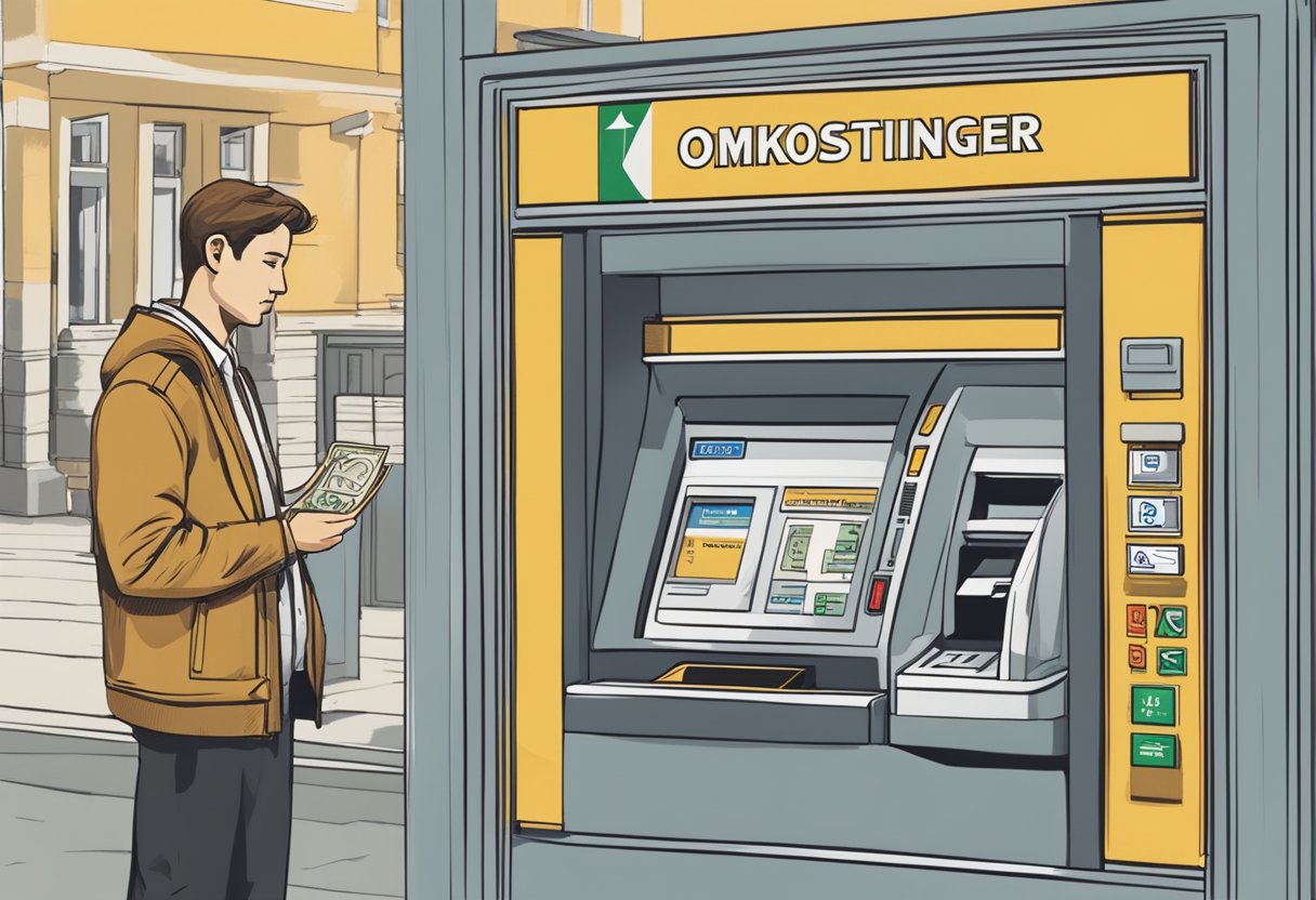 En person, der står ved en hæveautomat, indsætter et kort og hæver dollars, med skilt, der angiver "Omkostninger og Gebyrer" i baggrunden