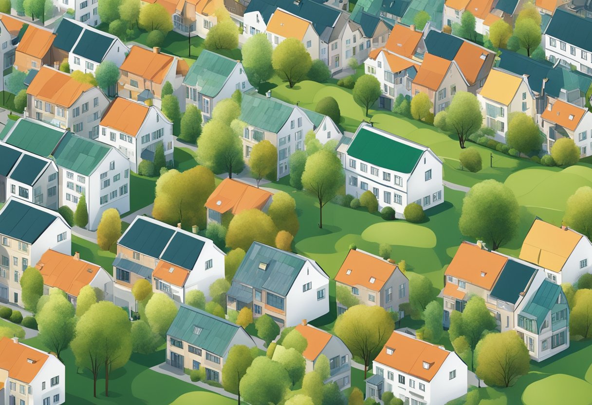 Et mangfoldigt nabolag i Danmark med forskellige typer boliger, herunder lejligheder, rækkehuse og enfamiliehuse. Scenen viser en blanding af boligbygninger og grønne områder.