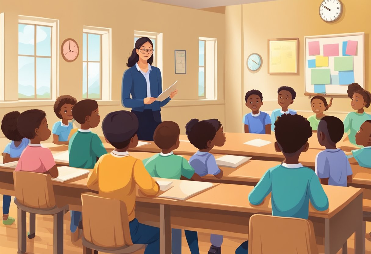 Et fredeligt klasseværelse med en lærer, der forklarer den nye lov imod fysisk afstraffelse til en gruppe opmærksomme børn