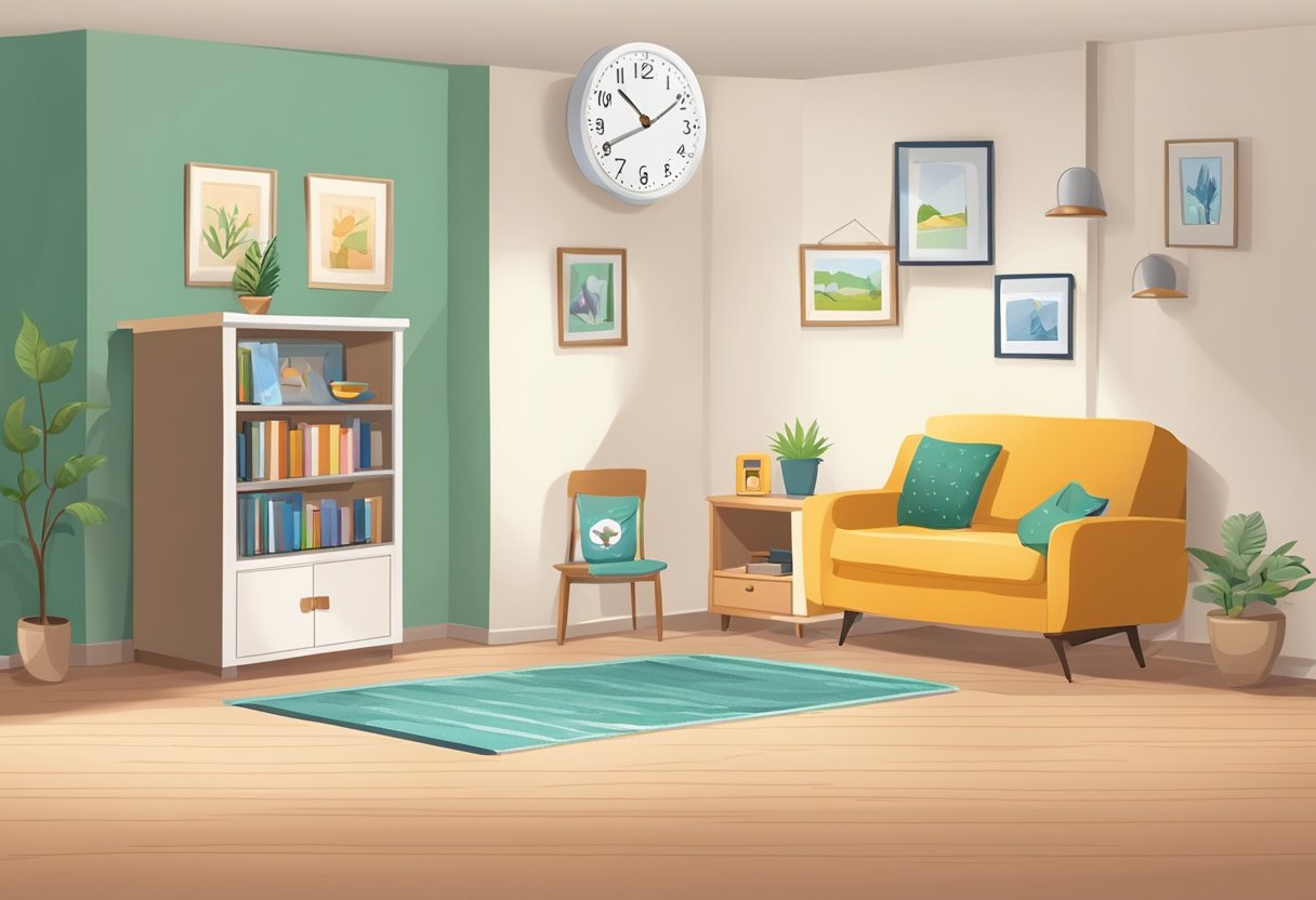 Et hyggeligt stue med børnesikre porte, låste skabe og et synligt ur, der viser et passende tidspunkt for børn at være alene hjemme