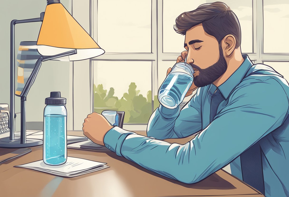 En person, der drikker af en klar vandflaske, mens de sidder ved et skrivebord med et glas vand ved siden af dem