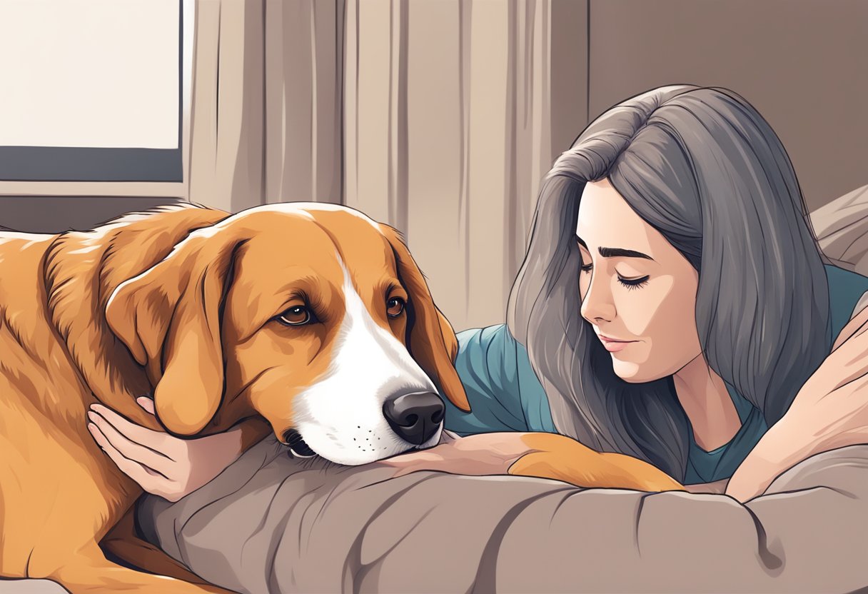 En tæve i løbetid, der bliver trøstet af sin ejer