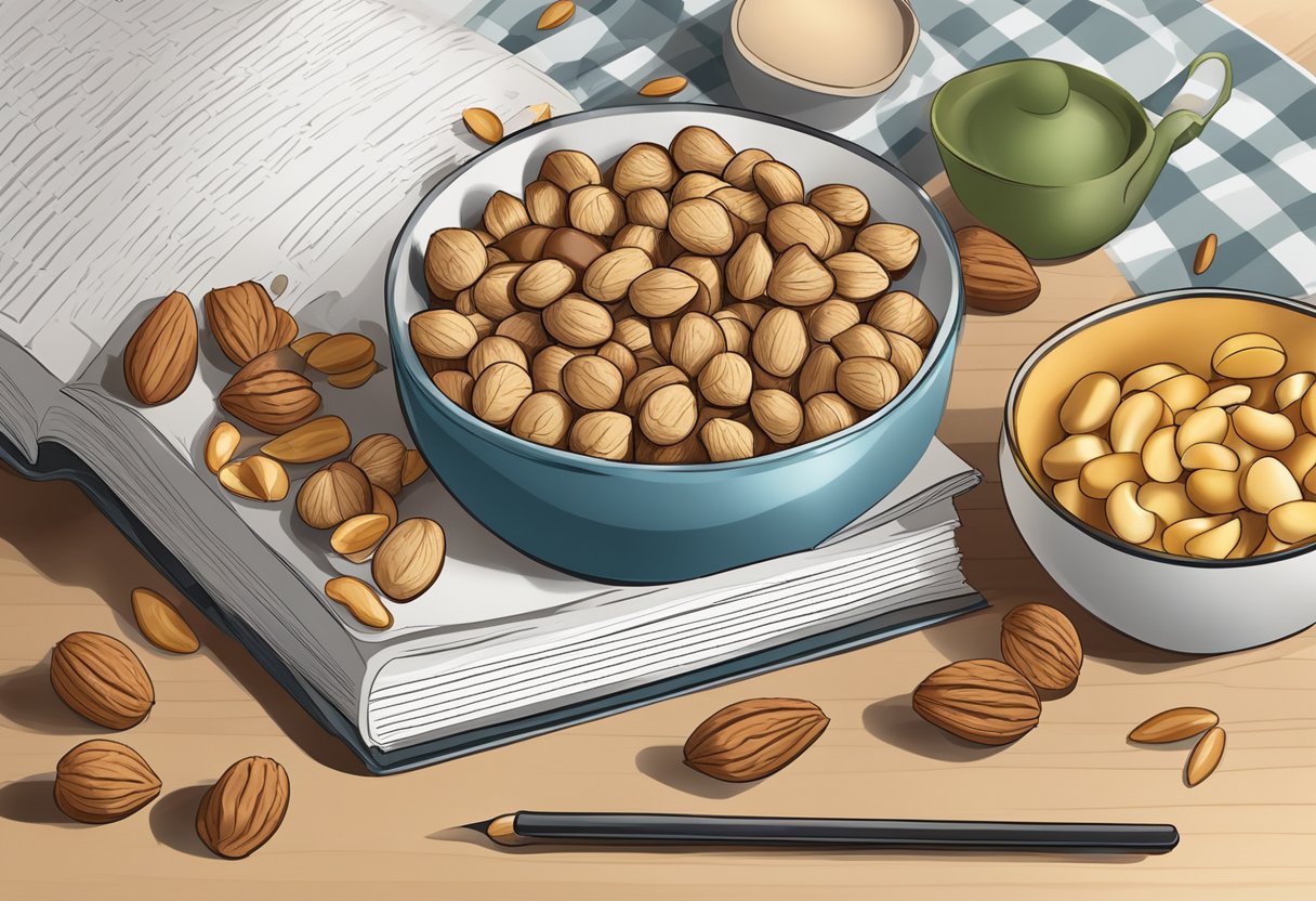 En skål med nødder og en opskriftbog på en køkkenbord