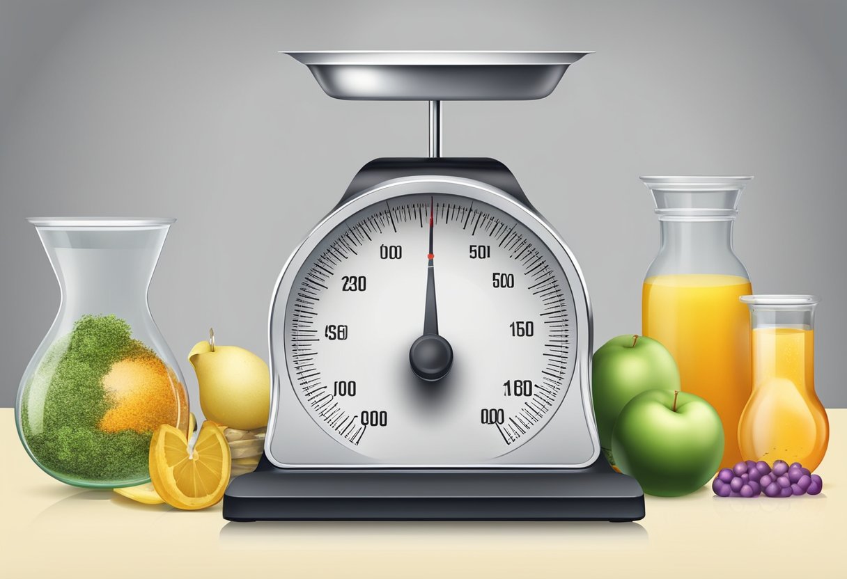 En vægt med en kilogram vægt og forskellige genstande i gram