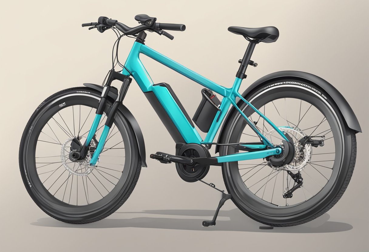 En elcykel med sine komponenter mærket, ved siden af en vedligeholdelsesmanual