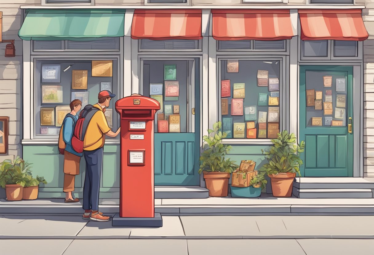 Et lille, charmerende posthus med en rød postkasse og en udstilling af farverige frimærker. Kunderne står i kø ved skranken for at købe porto.