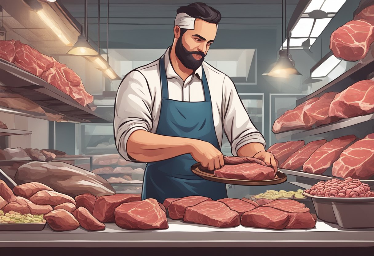 En slagter, der vælger og forbereder kød til en festlig begivenhed