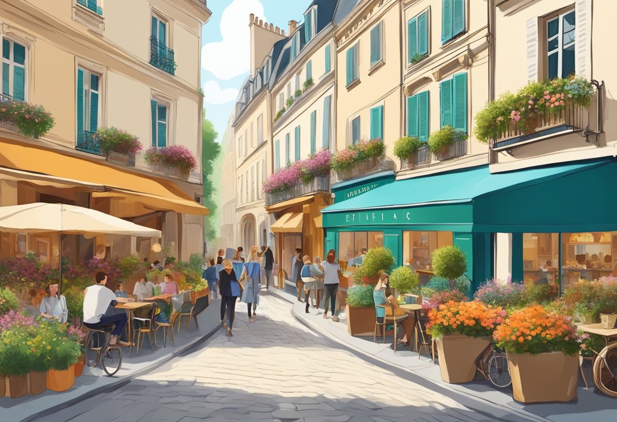 En charmerende parisisk gade med farverige bygninger og udendørs caféer, omgivet af blomstrende blomsterkasser og summende af mennesker